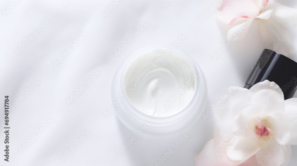 Luxury Moisturizing Cream with Elegant White Flowers on Soft Silk Background for Beauty and Skincare Concept Luxury Moisturizing Cream with Elegant White Flowers on Soft Silk Background for Beauty and Skincare Concept