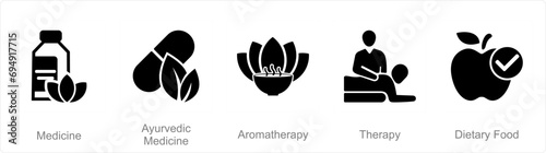 A set of 5 Mix icons as medicine, ayurvedic medicine, aromatherapy