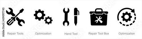 A set of 5 Mix icons as repair tools, optimization, hand tool