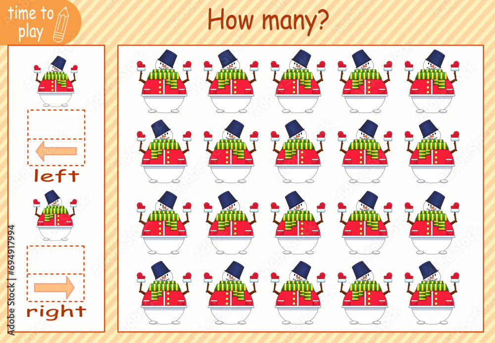 children's educational game, tasks. count how many elements will be placed on the right and how many on the left. New Year. snowman children's educational game, tasks. count how many elements will be placed on the right and how many on the left. New Year. snowman