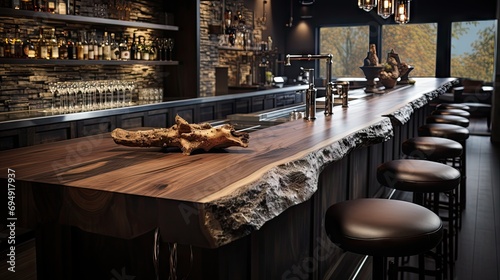 blurred background of bar and brown desk space