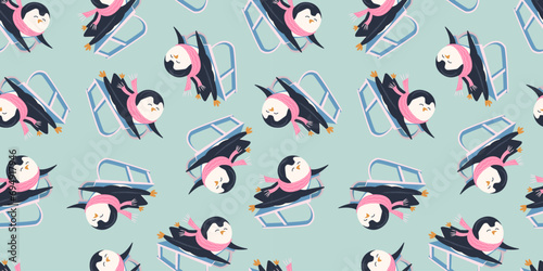 Seamless pattern with cute penguin sledding. Animals pattern. Penguin cartoon on winter background. Great for wrapping paper design, fabric, textile. Christmas and New Year background