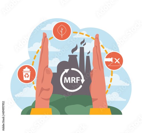 Material Recovery Facility focus. Hands encircle an MRF plant, emphasizing eco-conscious decisions, while rejecting pollution. Sustainable recycling practices. Flat vector illustration