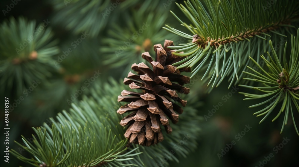 Close Up of Pine Cone Hanging on Evergreen Coniferous Tree Branch with Soft Focus Background Close Up of Pine Cone Hanging on Evergreen Coniferous Tree Branch with Soft Focus Background