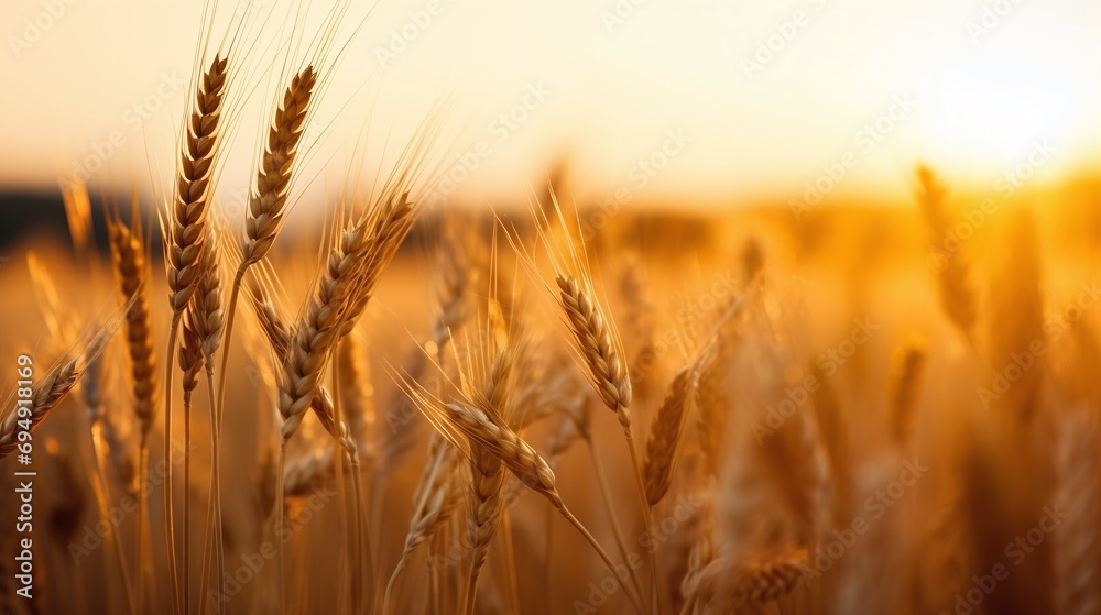 Obraz premium Golden Hour Wheat Field Sunset Warm Tones Closeup Agricultural Landscape Background