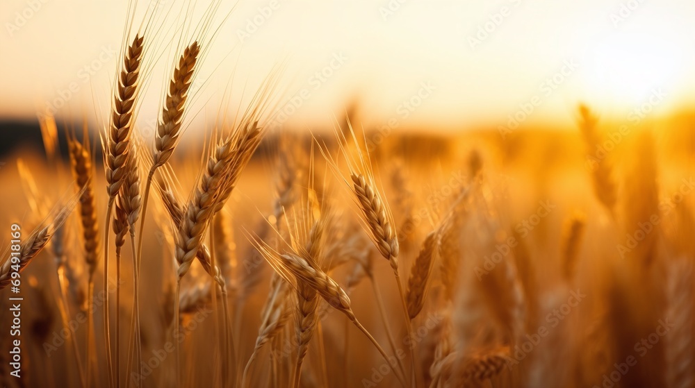 Golden Hour Wheat Field Sunset Warm Tones Closeup Agricultural Landscape Background