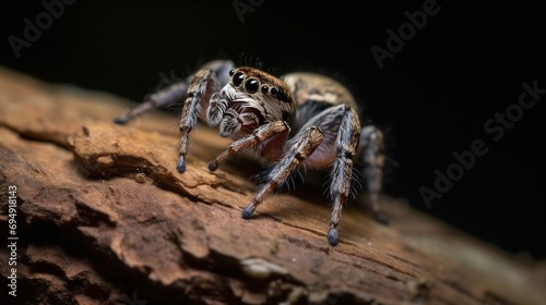 Close Up Macro  of a Jumping Spider on a Wooden Surface with Dark Background © Kiss