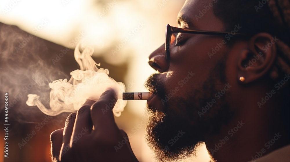 Fototapeta premium Man Smoking Cigarette Outdoors with Smoke Swirling around in Golden Sunset Light