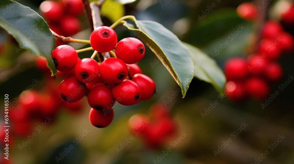Bright Red Berries on Tree Branch Closeup with Blurred Natural Background Bright Red Berries on Tree Branch Closeup with Blurred Natural Background