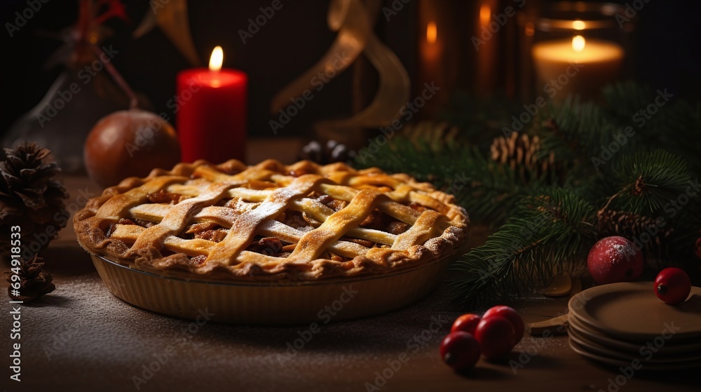 Homemade Apple Pie Festive Holiday Dessert with Warm Candlelight and Christmas Decorations