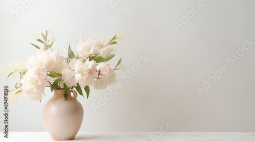 Elegant Peony Bouquet in Ceramic Vase on Neutral Background with Copy Space