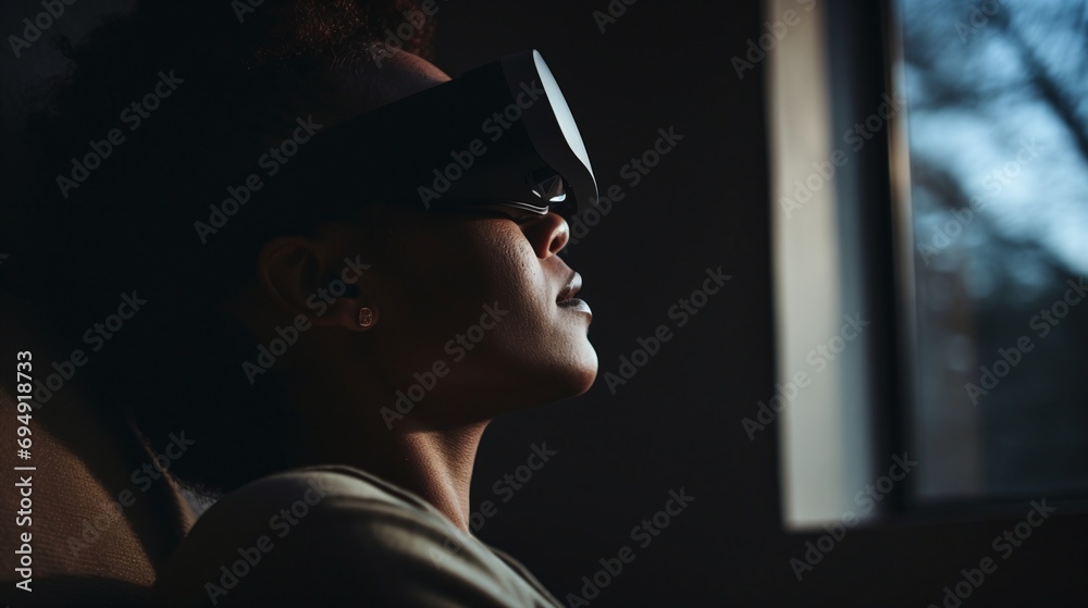 Woman Experiencing Virtual Reality Technology Indoors by Window Light Woman Experiencing Virtual Reality Technology Indoors by Window Light