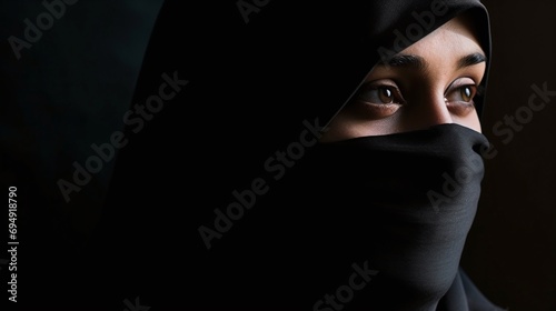 Portrait Of Young Woman Wearing Niqab With Eyes Visible Against Dark Background photo