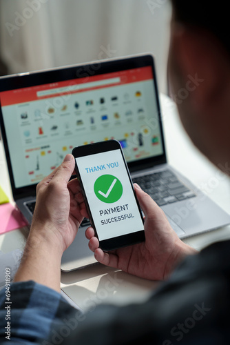 Photography Entrepreneurs, businessmen use mobile phones to buy products through applications