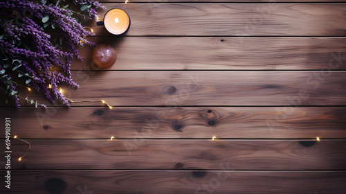 a light wood table, adorned with asterism christmas lights, background with some eucalyptus and lavender with a cup of coffee photo