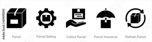 A set of 5 Mix icons as parcel, parcel setting, collect parcel
