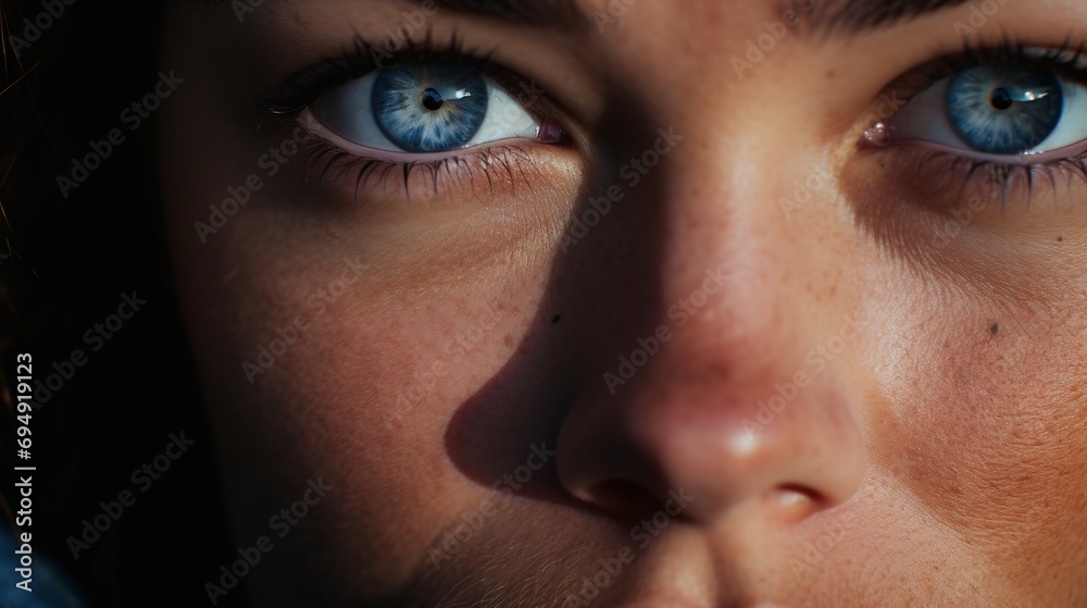 Close Up of Blue Eyes Woman Face with Natural Freckles and Sunlight Shadow Texture
