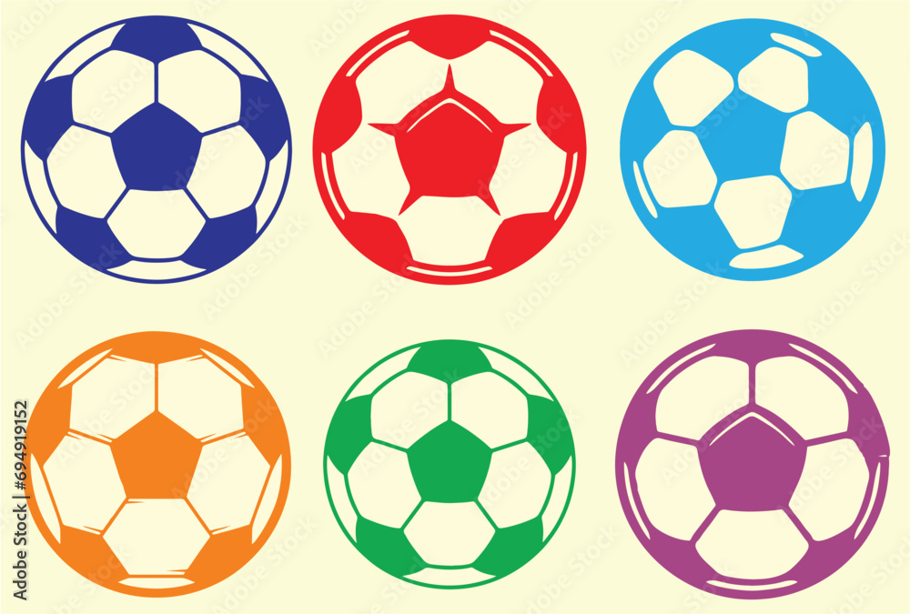  Soccer ball set in editable vector. European football league logo idea. Football in multiple design for video game designing, Poster, banner or flyer for media and web regarding sports competitions.
