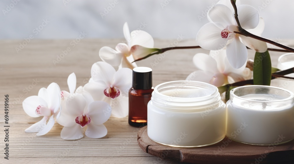 White Orchid Aromatherapy Essentials with Scented Candle and Organic Skin Care Cream on Rustic Wooden Background