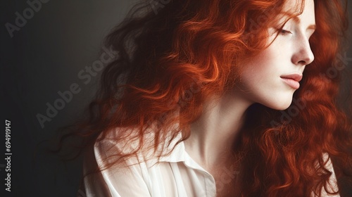 Elegant Redhead Woman Profile with Flowing Curly Hair and Soft Lighting photo