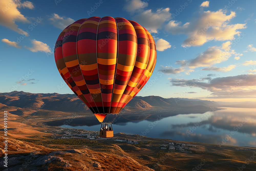 Fototapeta premium Colorful hot air balloon flying over a serene lake with mountain landscape during a vibrant sunset.
