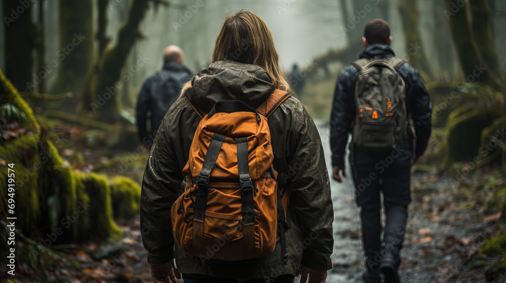 A group of hikers with backpacks walking on a foggy forest trail, surrounded by greenery and moss-covered trees.