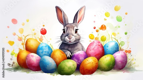 Easter background with Easter eggs and spring flowers.illustration © GED