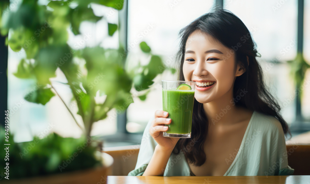 Asian Woman Savoring a Healthy Juice Blend with Kale, Cucumber, and Apples, Refreshing Wellness. Asian Woman Savoring a Healthy Juice Blend with Kale, Cucumber, and Apples, Refreshing Wellness.