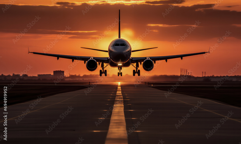 Sunset Soar, A Plane Takes Off, Silhouetted Against the Warm Glow of the Evening Sky. Sunset Soar, A Plane Takes Off, Silhouetted Against the Warm Glow of the Evening Sky.