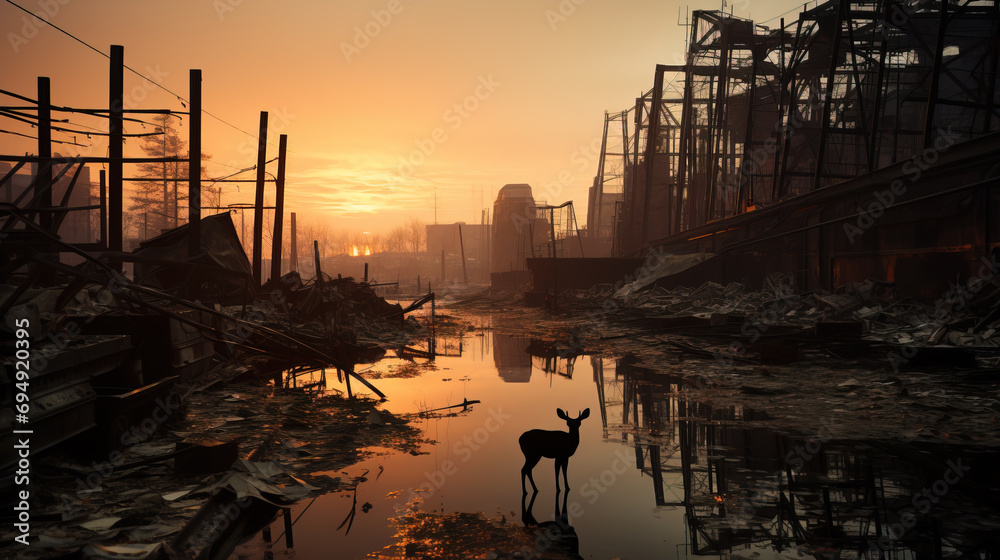 A solitary deer stands before an industrial ruin at sunset, reflecting on still water amid a dystopian scene.