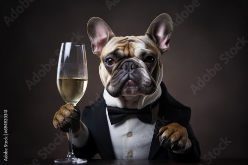 Cute French Bulldog Wearing a Suit and Holding a Glass of Champagne for New Years Eve Celebration © JJAVA