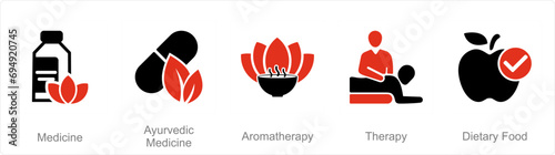 A set of 5 Mix icons as medicine, ayurvedic medicine, aromatherapy