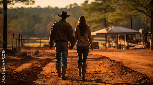 Back view of a couple holding hands and walking down a dirt road in the country at sunset, wearing cowboy hats and boots.