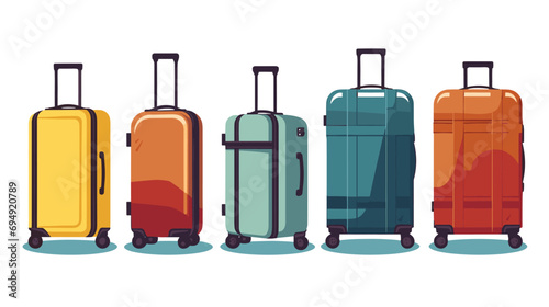 Set of cartoon plastic suitcases on wheels. Travel bag isolated on background. Vector Illustration