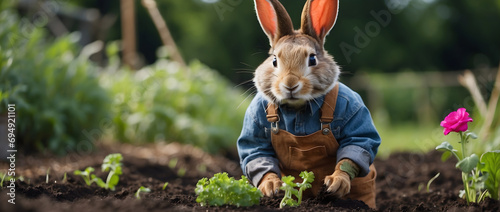 Rabbit in overalls weeding his garden.