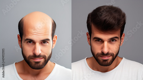 Balding Man Before and After Hair Transplant Surgery. Man Losing Hair Becomes Shaggy. Frontal view. Advertisement Poster for Hair Transplant Clinic, generative ai photo