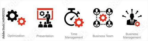 A set of 5 Mix icons as optimization, presentation, time management