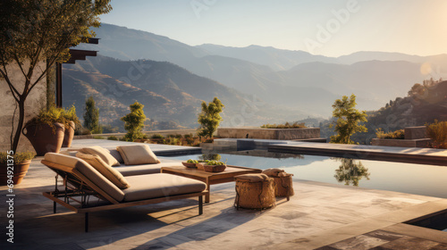 Swimming Pool Boasts Luxury Seating  Perfect for Enjoying the Serenity with a Mountain Backdrop.