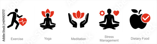 A set of 5 Mix icons as exercise, yoga, medidation photo