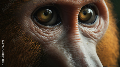 close-up photograph of the inquisitive eyes of a proboscis monkey photo