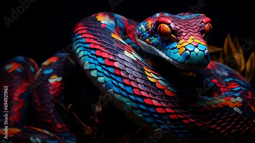 Close-up portrait of a bright snake. Reptile.