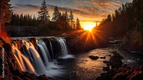 Photograph taken from a camera and Nikon z8 camera of realistic majestic sunset over the waterfall in the forest