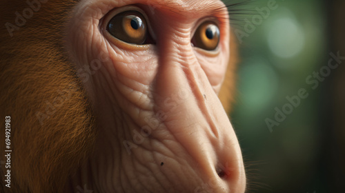 close-up photograph of the inquisitive eyes of a proboscis monkey photo
