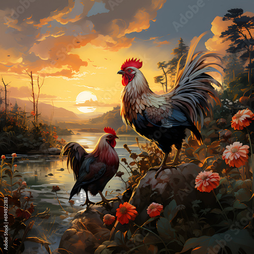 Maranza's brown and red rooster in a beautiful feather dress on a green meadow at sunset photo