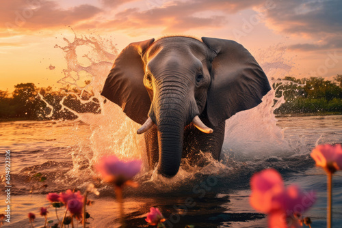 A joyful elephant in vibrant colors is running through the water in the bright light of the sunset