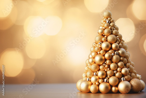 Golden Christmas tree made of golden balls on a background with bokeh.