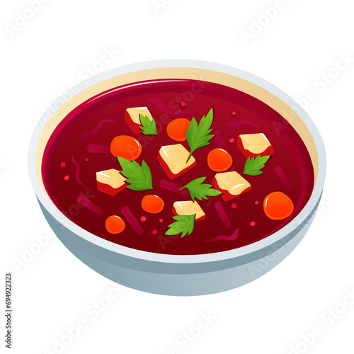 National Ukrainian dish borscht in a plate. Red tomato soup with potatoes, meat, spices, carrots, beet, parsley. Symbol of Ukraine. Hot lunch. Vector illustration.
