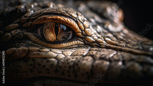photograph of the fierce eyes of a wild crocodile