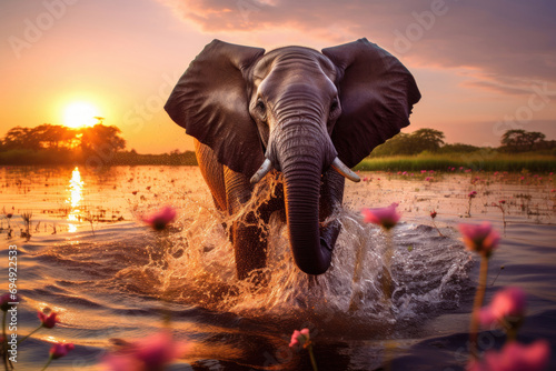 A joyful elephant in vibrant colors is running through the water in the bright light of the sunset © Veniamin Kraskov