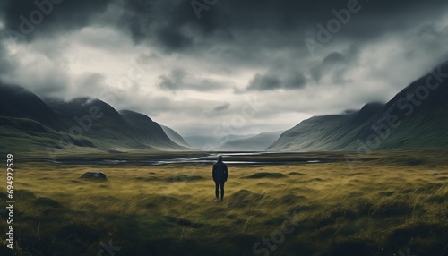 Scenery behind alone one man stand in the middle of the grass surrounded by highland landscape scenery and overcast sky. photo
